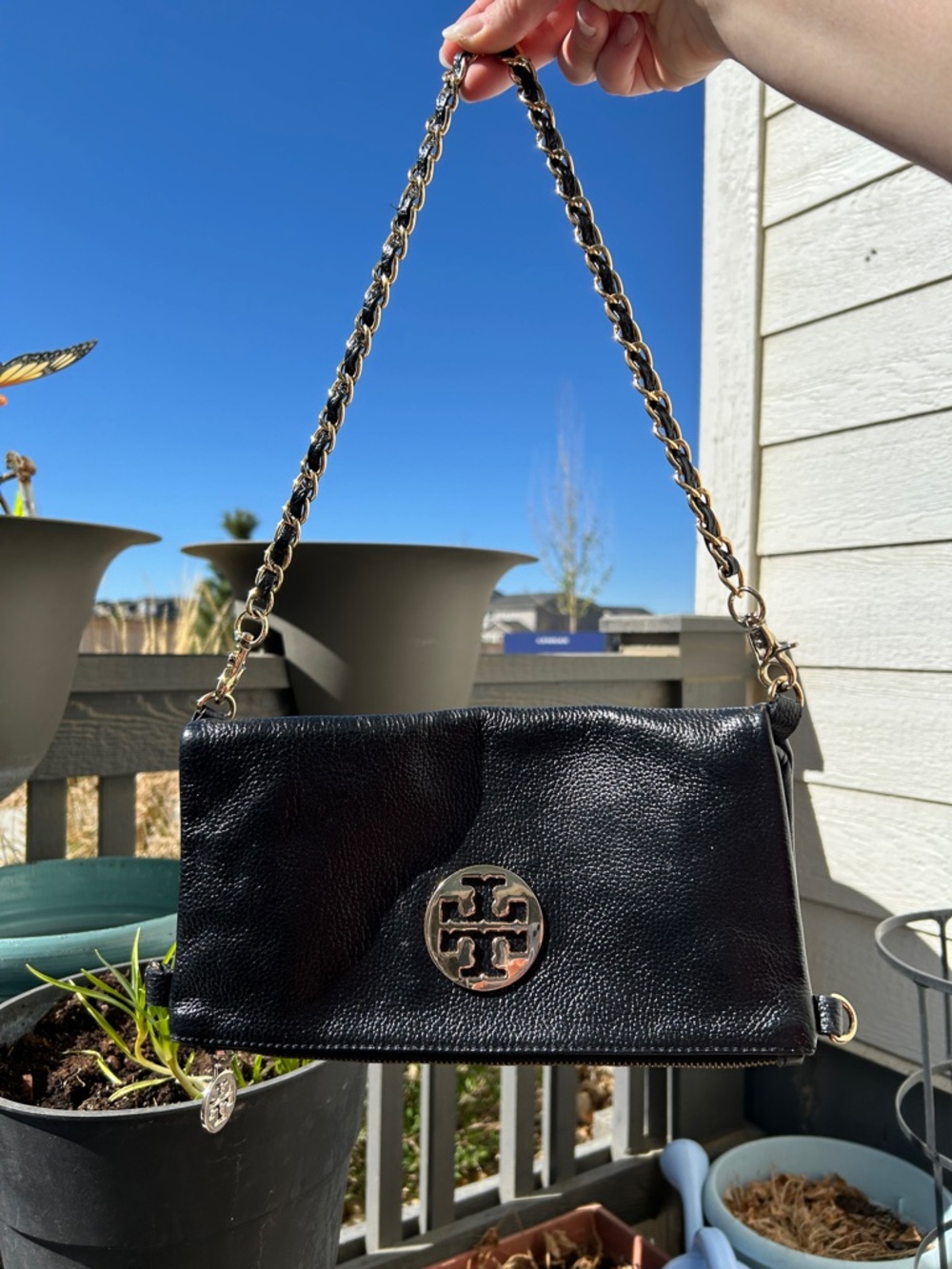 Tory Burch Black Leather Shoulder Bag with Gold Chain & Logo
